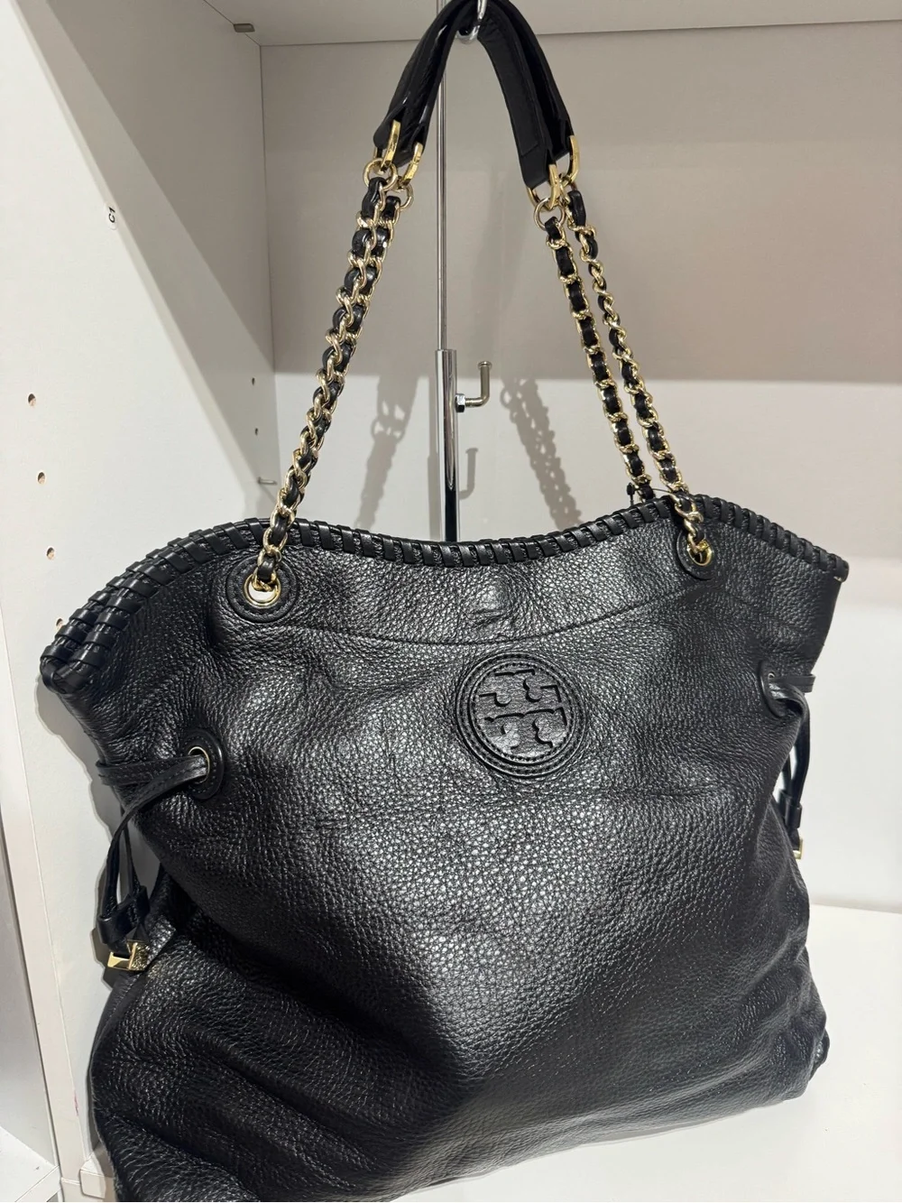 Tory Burch Black Pebbled Leather Tote with Gold Chain-Strap